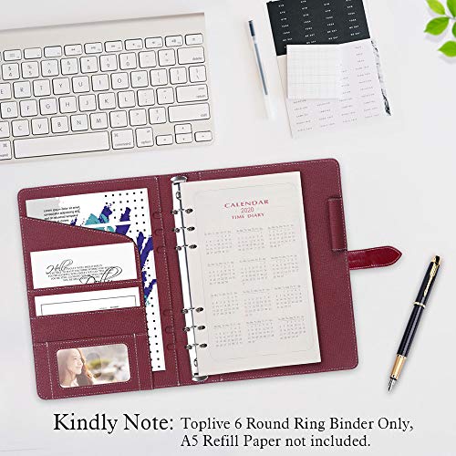 Toplive A5 Binder 6 Round Ring Binder Leather Budget Planner Notebook Cover for A5 Filler Paper Laser Pink with Magnetic Buckle Closure