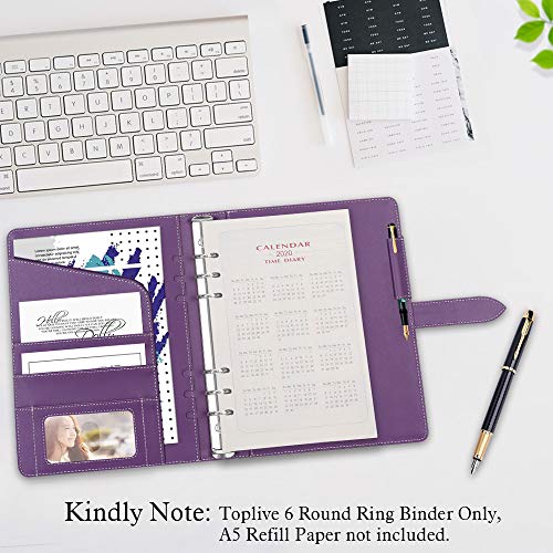 Toplive A5 Binder 6 Round Ring Binder Leather Budget Planner Notebook Cover for A5 Filler Paper Laser Pink with Magnetic Buckle Closure