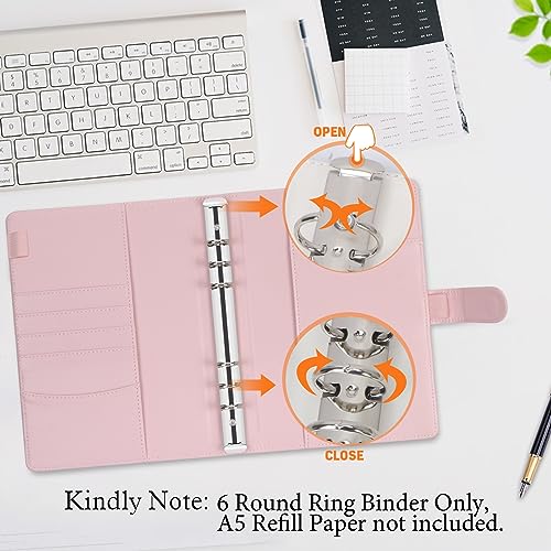Toplive A5 Binder 6 Round Ring Binder Leather Budget Planner Notebook Cover for A5 Filler Paper Laser Pink with Magnetic Buckle Closure