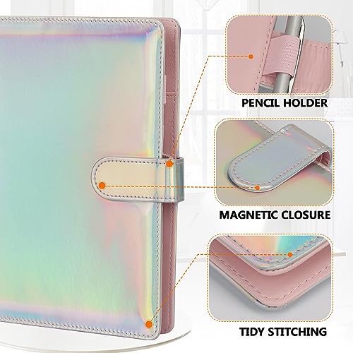 Toplive A5 Binder 6 Round Ring Binder Leather Budget Planner Notebook Cover for A5 Filler Paper Laser Pink with Magnetic Buckle Closure