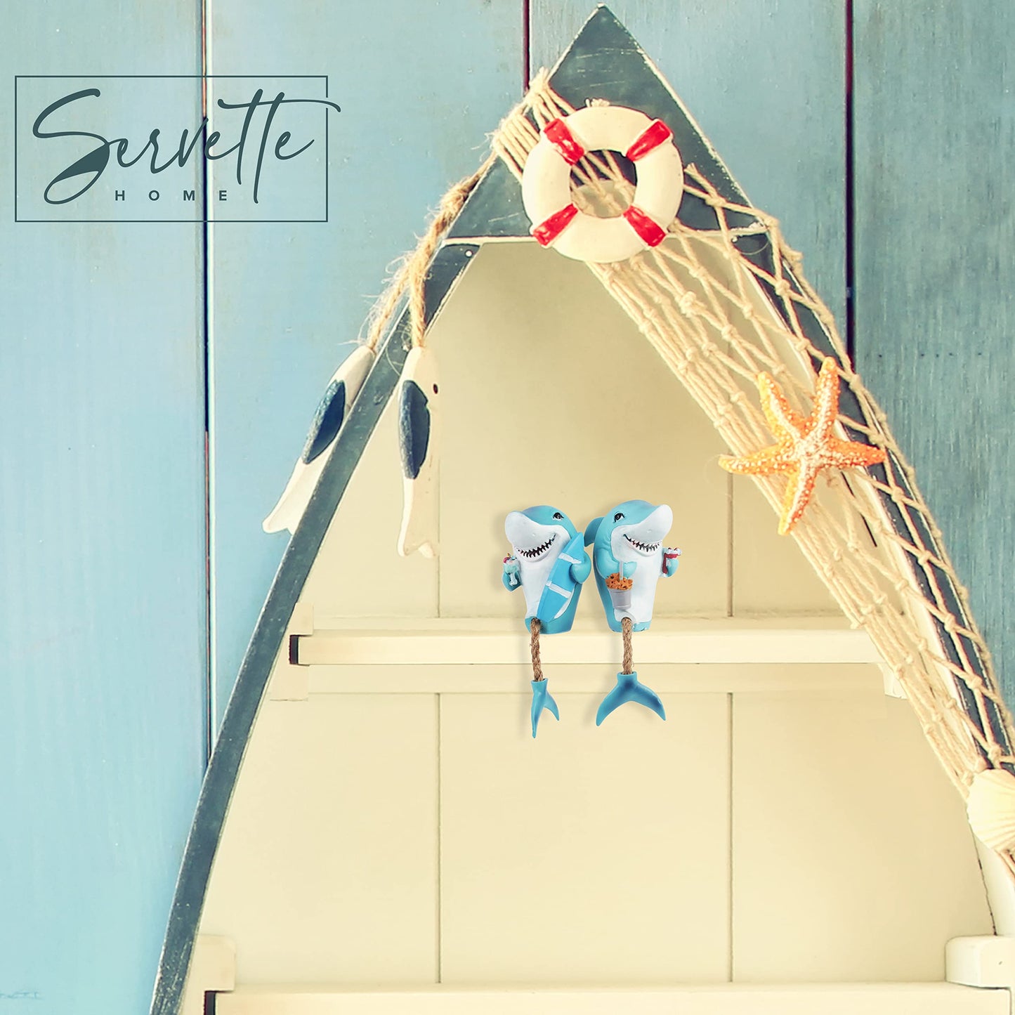 Novelty Shelf Sitters with Dangling Legs for Home décor (Set of 2 Sharks)