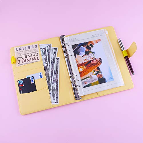 Antner A5 PU Leather Binder 6-Ring Notebook Binder Cover for A5 Filler Paper, Refillable A5 Personal Planner Budget Binder with Magnetic Buckle Closure, Yellow