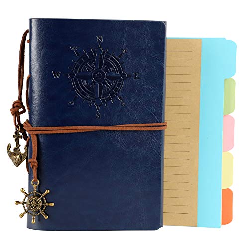 ORENDEBON Leather Travel Journal, Refillable Notebook Vintage Spiral Bound Notepad Diary to Write in for Men with Lined Pages 3 Pockets and 5 Dividers A6-(5” x7.3”, Lake Blue)