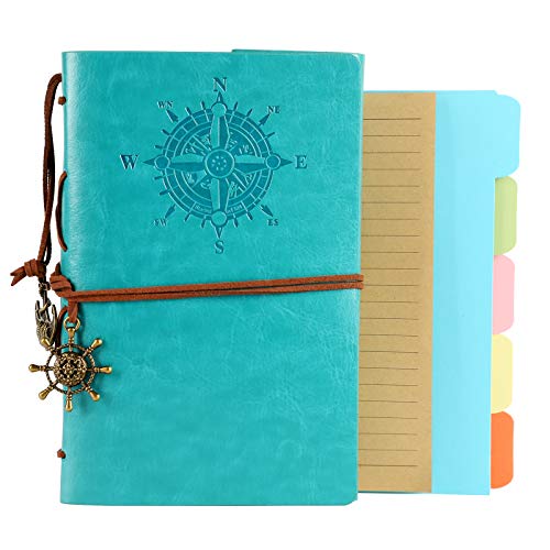 ORENDEBON Leather Travel Journal, Refillable Notebook Vintage Spiral Bound Notepad Diary to Write in for Men with Lined Pages 3 Pockets and 5 Dividers A6-(5” x7.3”, Lake Blue)