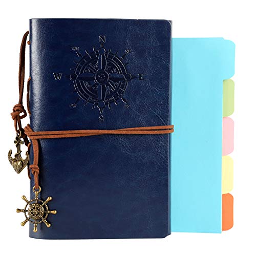ORENDEBON Leather Travel Journal, Refillable Notebook Vintage Spiral Bound Notepad Diary to Write in for Men with Lined Pages 3 Pockets and 5 Dividers A6-(5” x7.3”, Lake Blue)