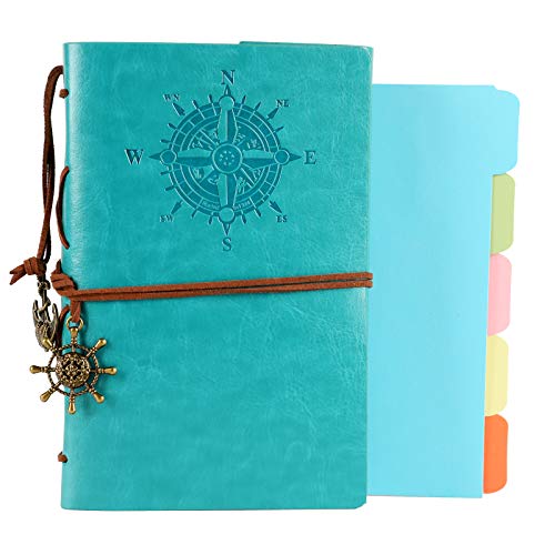 ORENDEBON Leather Travel Journal, Refillable Notebook Vintage Spiral Bound Notepad Diary to Write in for Men with Lined Pages 3 Pockets and 5 Dividers A6-(5” x7.3”, Lake Blue)