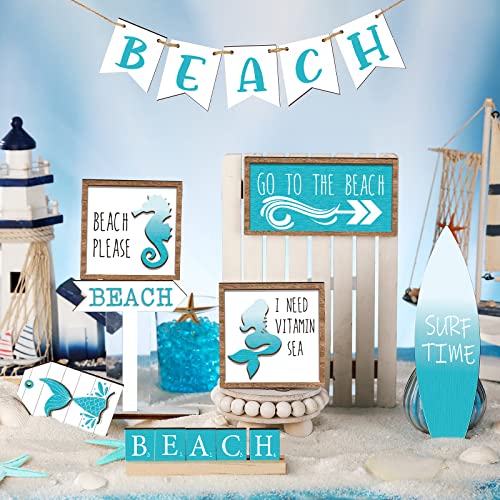 14 Pcs Summer Tiered Tray Decor Sets Farmhouse Summer Wooden Sign Wood Beach Home Decor Rustic Beach Tiered Tray Decorations for Home Table Shelf Kitchen Party Holiday