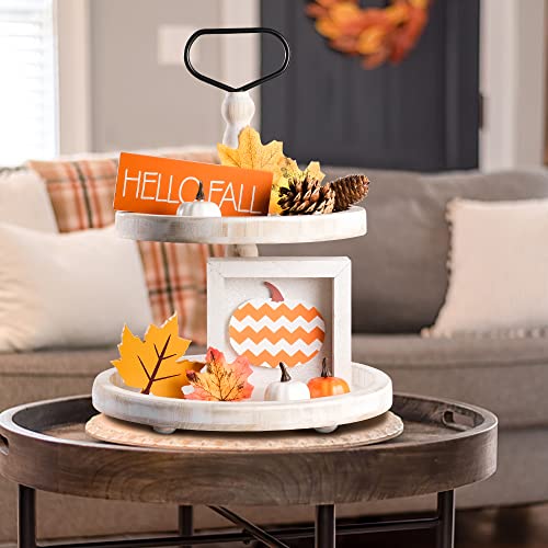 Mustry Rustic Wooden 2 Tiered Tray, Round Farmhouse Kitchen Table Decor Serving Tier Tray, Food Fruits Cupcake Display Coffee Bar Home Party Seasonal Decorations (White)
