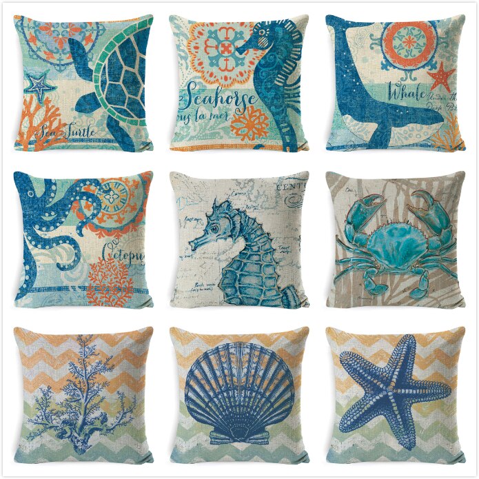 Sea Theme Cushion Cover Beach Pillow Covers Cotton Linen Nautical Throw Pillowcases Sea Theme Coastal Throw Pillowcase 45*45cm