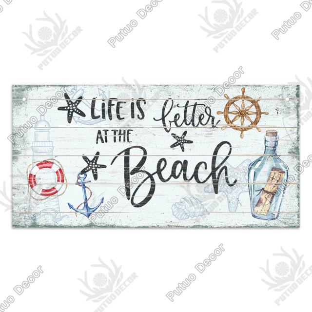 Putuo Decor Beach Home Signs Wood Wall Plaque Wooden Signs Welcome Decor Hanging Plate for Beach House Home Bedroom Tent Decor