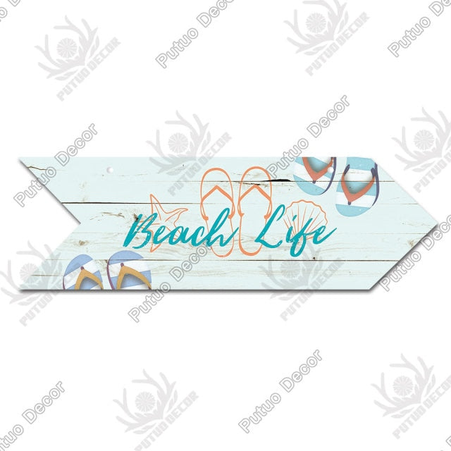 Putuo Decor Beach Arrow Wooden Wall Plaque Sign Beach Seaside Road Guide Wall Decoration Indicator Hanging Beach House Deocr