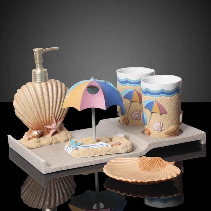 Creative Beach Shell Bathroom Set Resin Toothbrush Cups Tooth Brush Holder Soap Dish Soap Dispenser Bathroom Accessories Kit