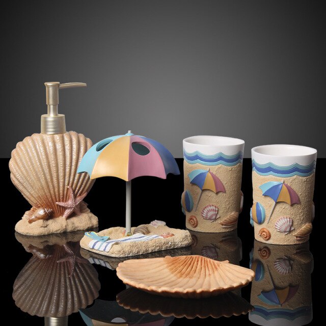 Creative Beach Shell Bathroom Set Resin Toothbrush Cups Tooth Brush Holder Soap Dish Soap Dispenser Bathroom Accessories Kit