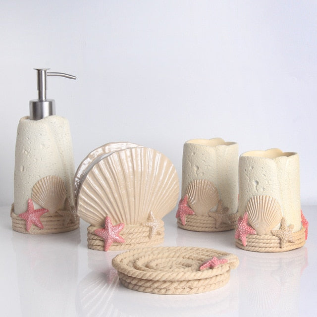 Creative Beach Shell Bathroom Set Resin Toothbrush Cups Tooth Brush Holder Soap Dish Soap Dispenser Bathroom Accessories Kit
