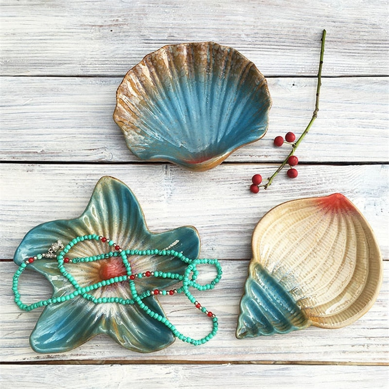 NEWYEARNEW 1piece Ceramics Starfish Magic Shell Soap Dish Jewelry Storage Seashells Tray Holder Plate Box Gift